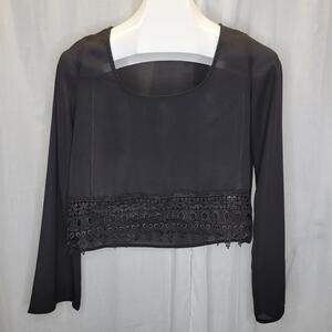 Tobi Sheer Long Sleeve Scoop Neck Crop Top w/ Crochet Trim Bell Sleeve, S